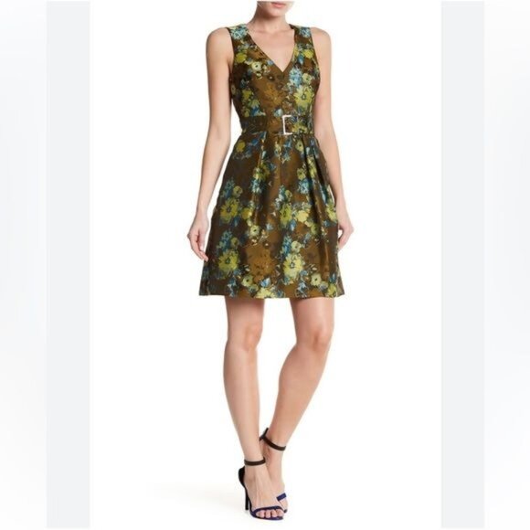 Karen Millen Green Printed Pleated Skirt V Neck Removable Belt mini dress 6 - Picture 1 of 10